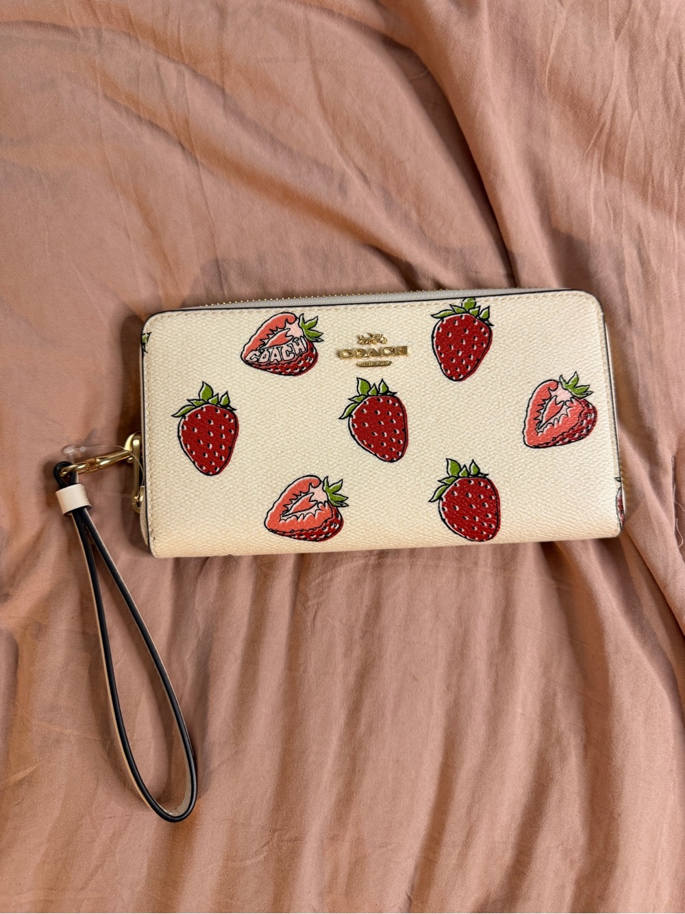 COACH Long Zip Around Wallet With Strawberry Print CAO90 NWT Chalk Multi